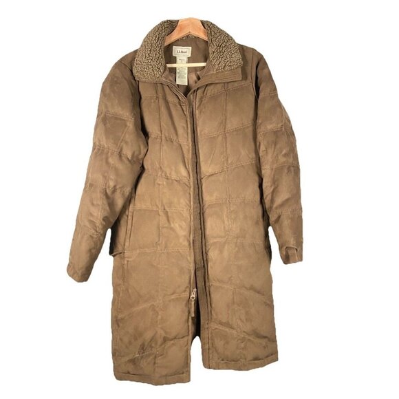 LL Bean Goose Down Quilted Puffer Parka Coat Size Small Chocolate Brown Sherpa